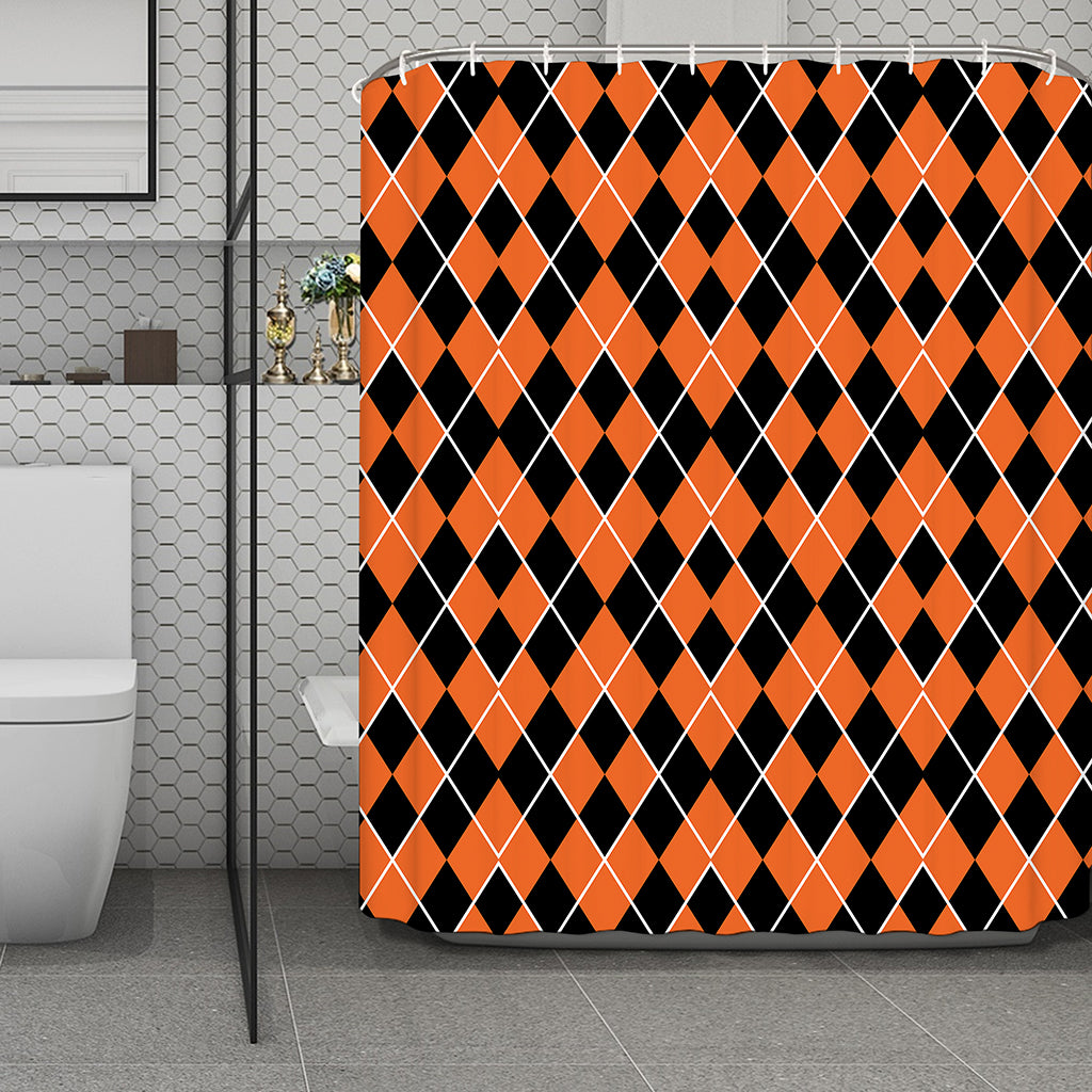 Orange And Black Halloween Argyle Print Polyester Shower Curtain