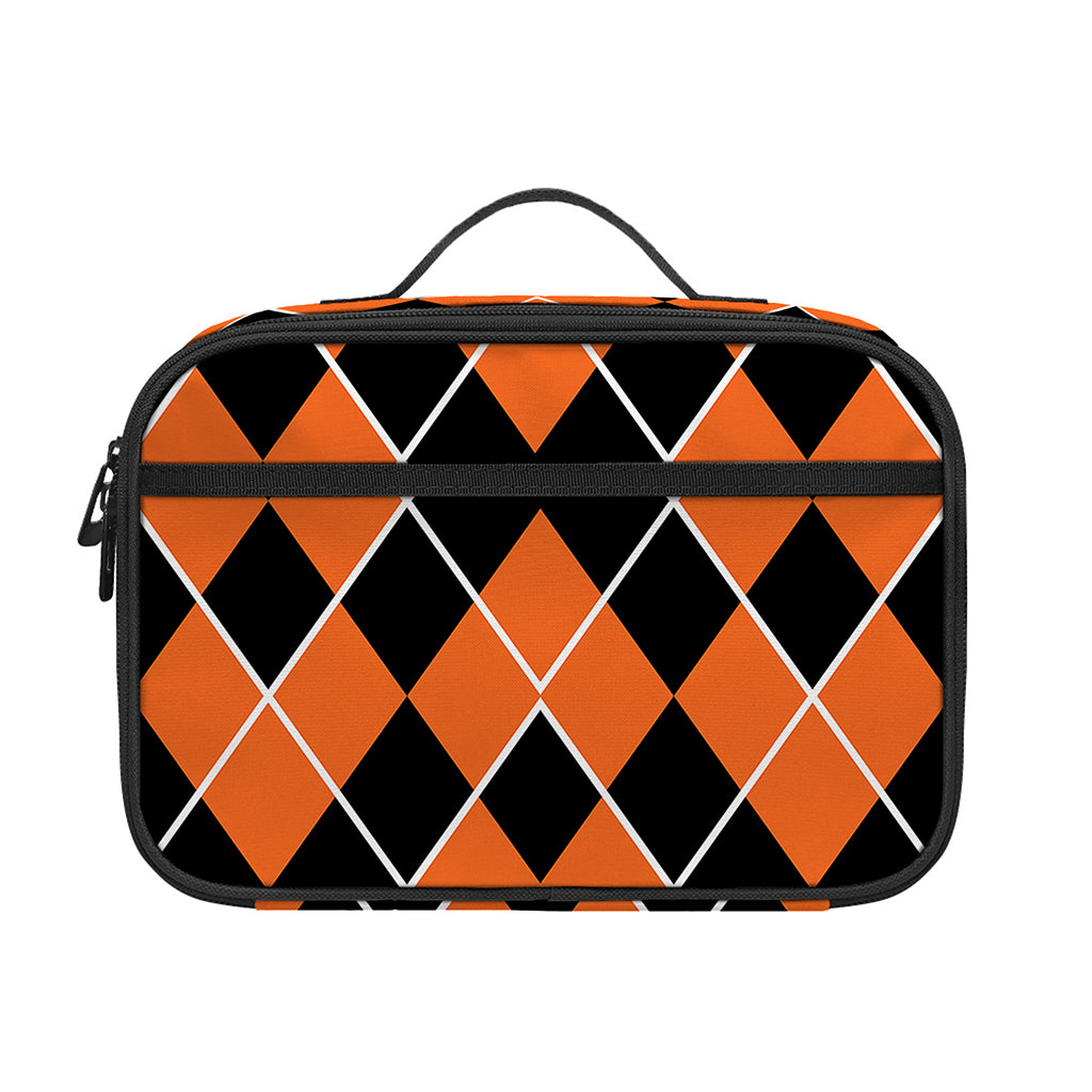 Orange And Black Halloween Argyle Print Portable Lunch Bag