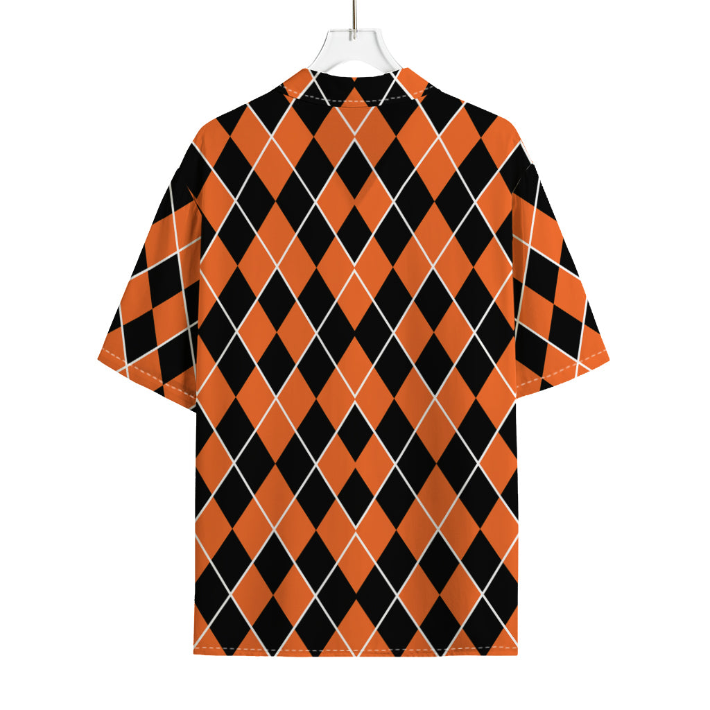 Orange And Black Halloween Argyle Print Rayon Hawaiian Shirt