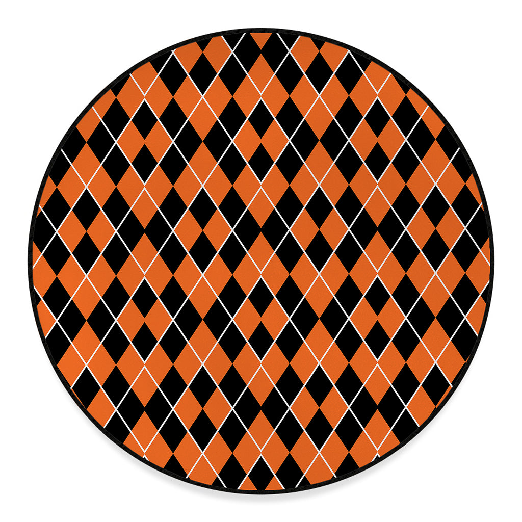 Orange And Black Halloween Argyle Print Round Floor Mat