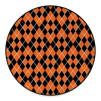 Orange And Black Halloween Argyle Print Round Floor Mat