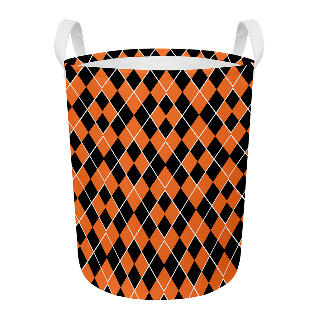 Orange And Black Halloween Argyle Print Round Laundry Basket