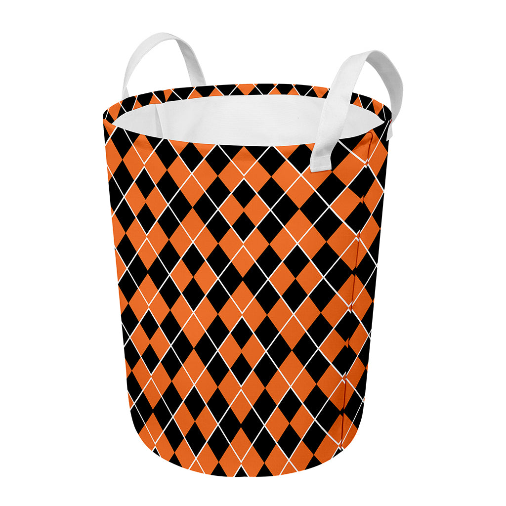 Orange And Black Halloween Argyle Print Round Laundry Basket
