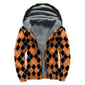 Orange And Black Halloween Argyle Print Sherpa Lined Zip Up Hoodie