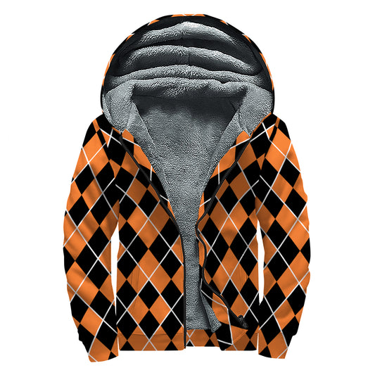 Orange And Black Halloween Argyle Print Sherpa Lined Zip Up Hoodie