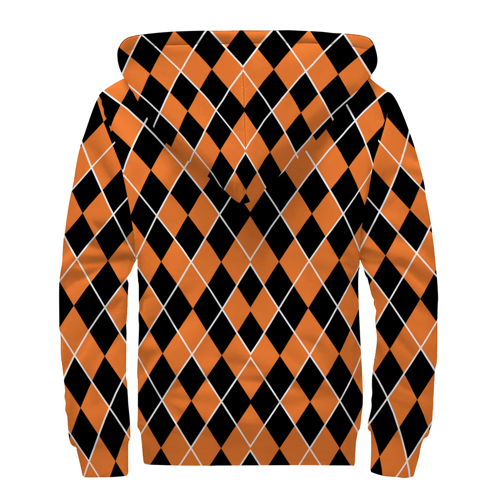 Orange And Black Halloween Argyle Print Sherpa Lined Zip Up Hoodie