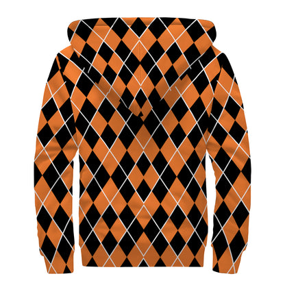 Orange And Black Halloween Argyle Print Sherpa Lined Zip Up Hoodie