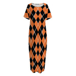 Orange And Black Halloween Argyle Print Short Sleeve Long Nightdress