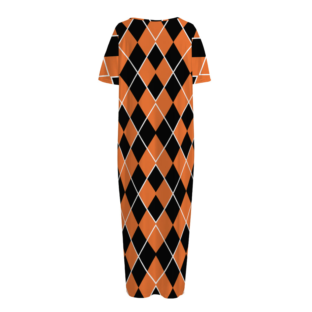 Orange And Black Halloween Argyle Print Short Sleeve Long Nightdress