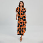 Orange And Black Halloween Argyle Print Short Sleeve Maxi Dress