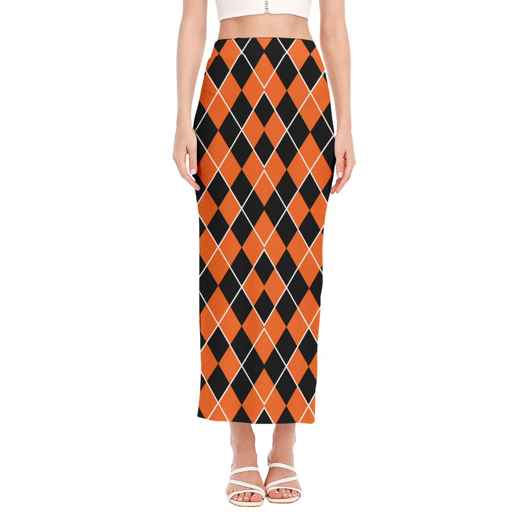 Orange And Black Halloween Argyle Print Side Slit Maxi Skirt