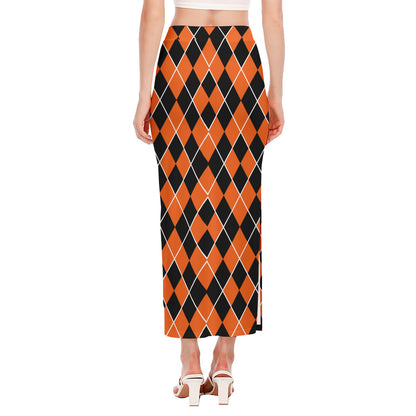 Orange And Black Halloween Argyle Print Side Slit Maxi Skirt