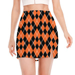 Orange And Black Halloween Argyle Print Side Slit Mini Skirt