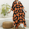Orange And Black Halloween Argyle Print Silk V-Neck Kaftan Dress