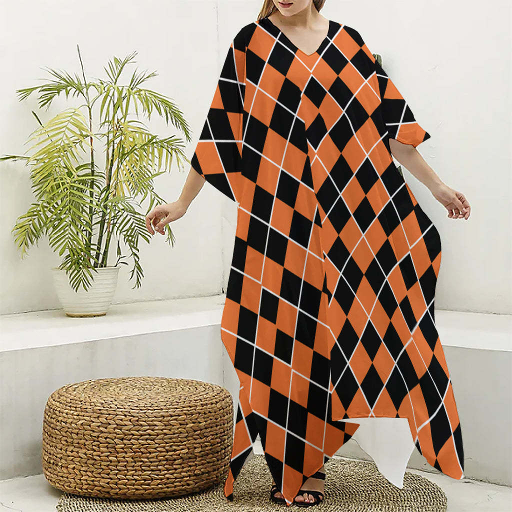 Orange And Black Halloween Argyle Print Silk V-Neck Kaftan Dress