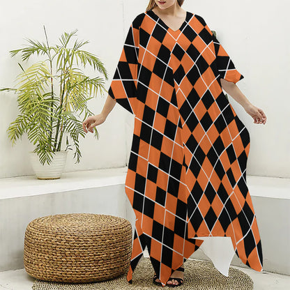 Orange And Black Halloween Argyle Print Silk V-Neck Kaftan Dress