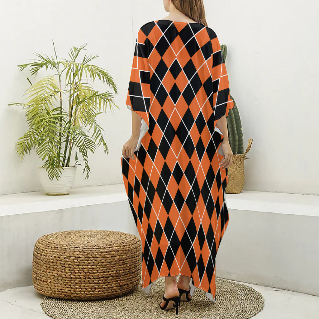 Orange And Black Halloween Argyle Print Silk V-Neck Kaftan Dress