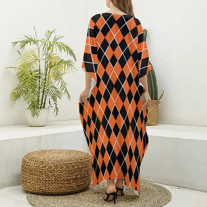 Orange And Black Halloween Argyle Print Silk V-Neck Kaftan Dress