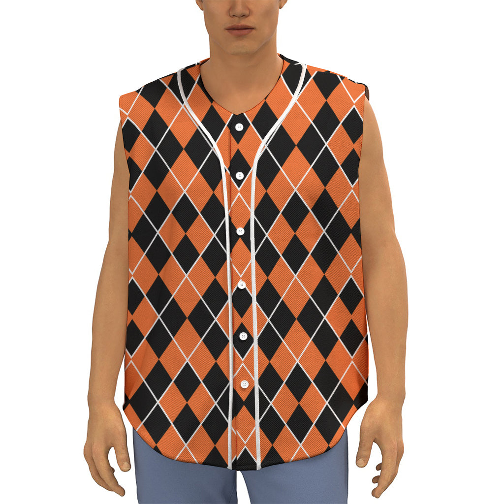 Orange And Black Halloween Argyle Print Sleeveless Baseball Jersey