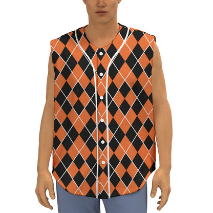 Orange And Black Halloween Argyle Print Sleeveless Baseball Jersey