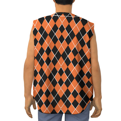 Orange And Black Halloween Argyle Print Sleeveless Baseball Jersey