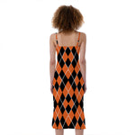 Orange And Black Halloween Argyle Print Slim Fit Midi Cami Dress