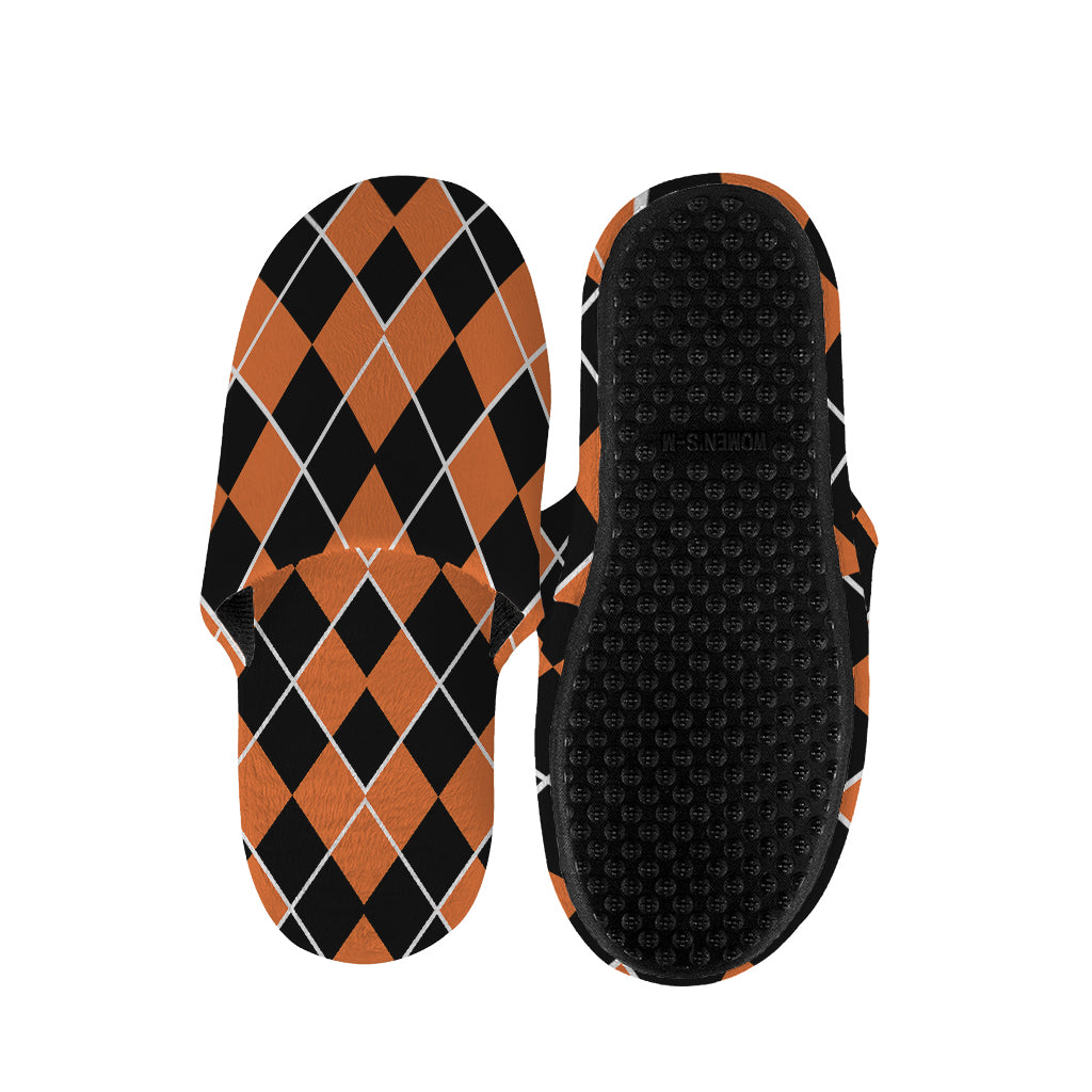 Orange And Black Halloween Argyle Print Slippers