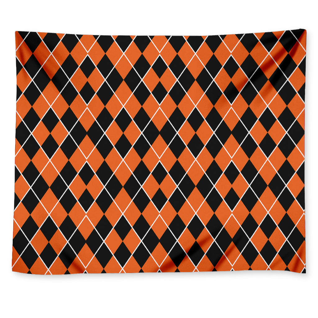 Orange And Black Halloween Argyle Print Tapestry