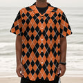 Orange And Black Halloween Argyle Print Textured Short Sleeve Shirt