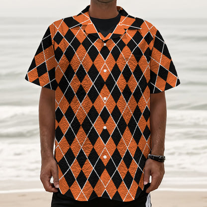 Orange And Black Halloween Argyle Print Textured Short Sleeve Shirt