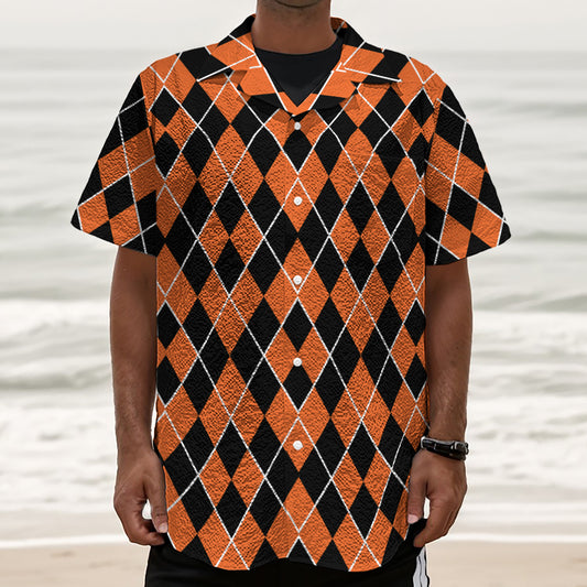 Orange And Black Halloween Argyle Print Textured Short Sleeve Shirt