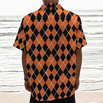 Orange And Black Halloween Argyle Print Textured Short Sleeve Shirt