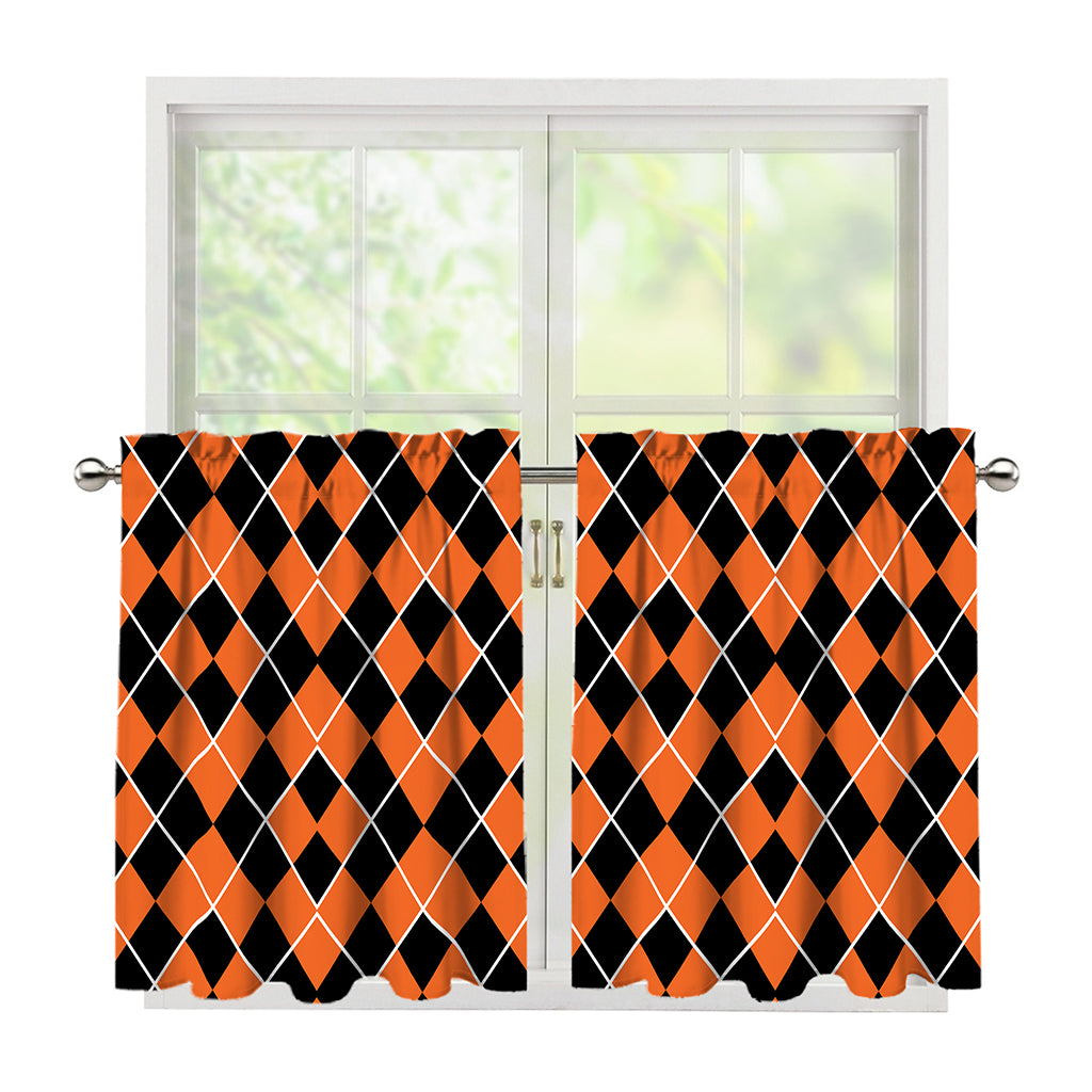 Orange And Black Halloween Argyle Print Tier Curtains
