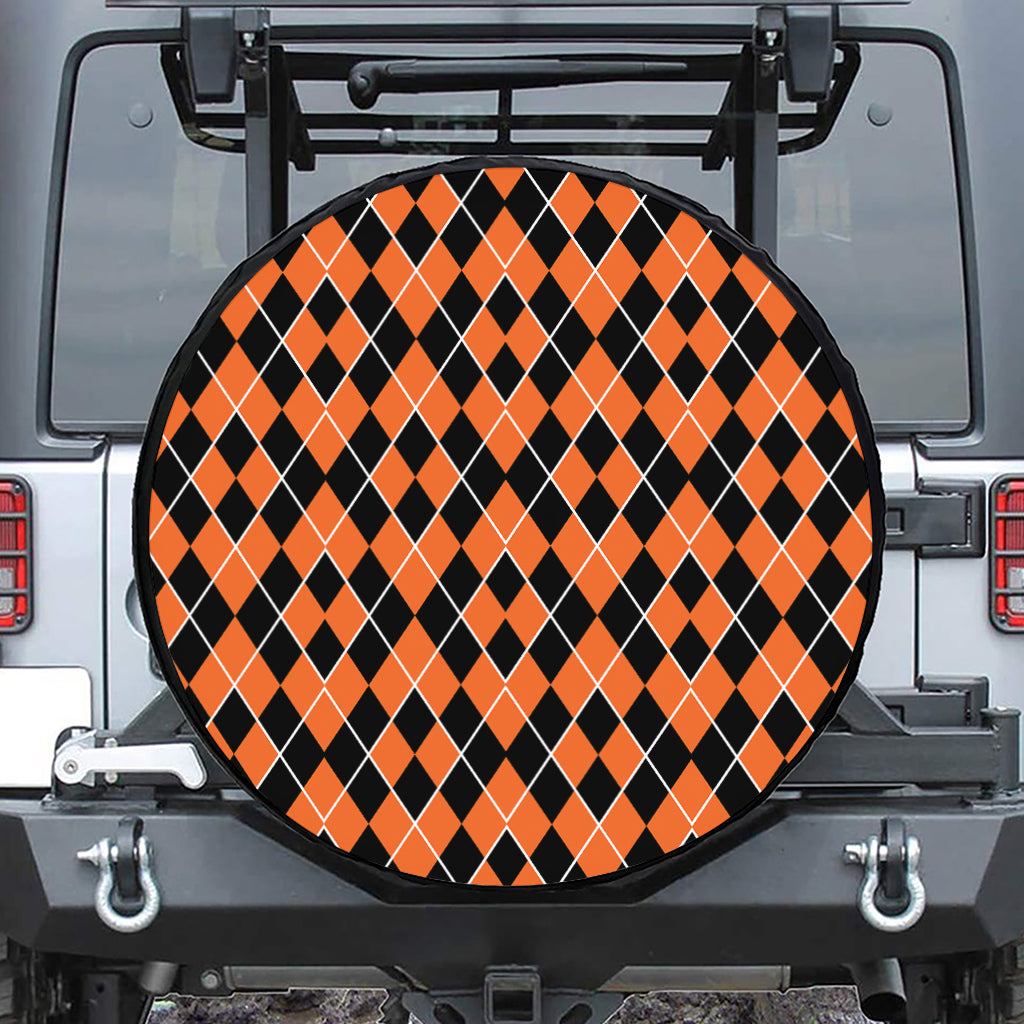 Orange And Black Halloween Argyle Print Tire Cover