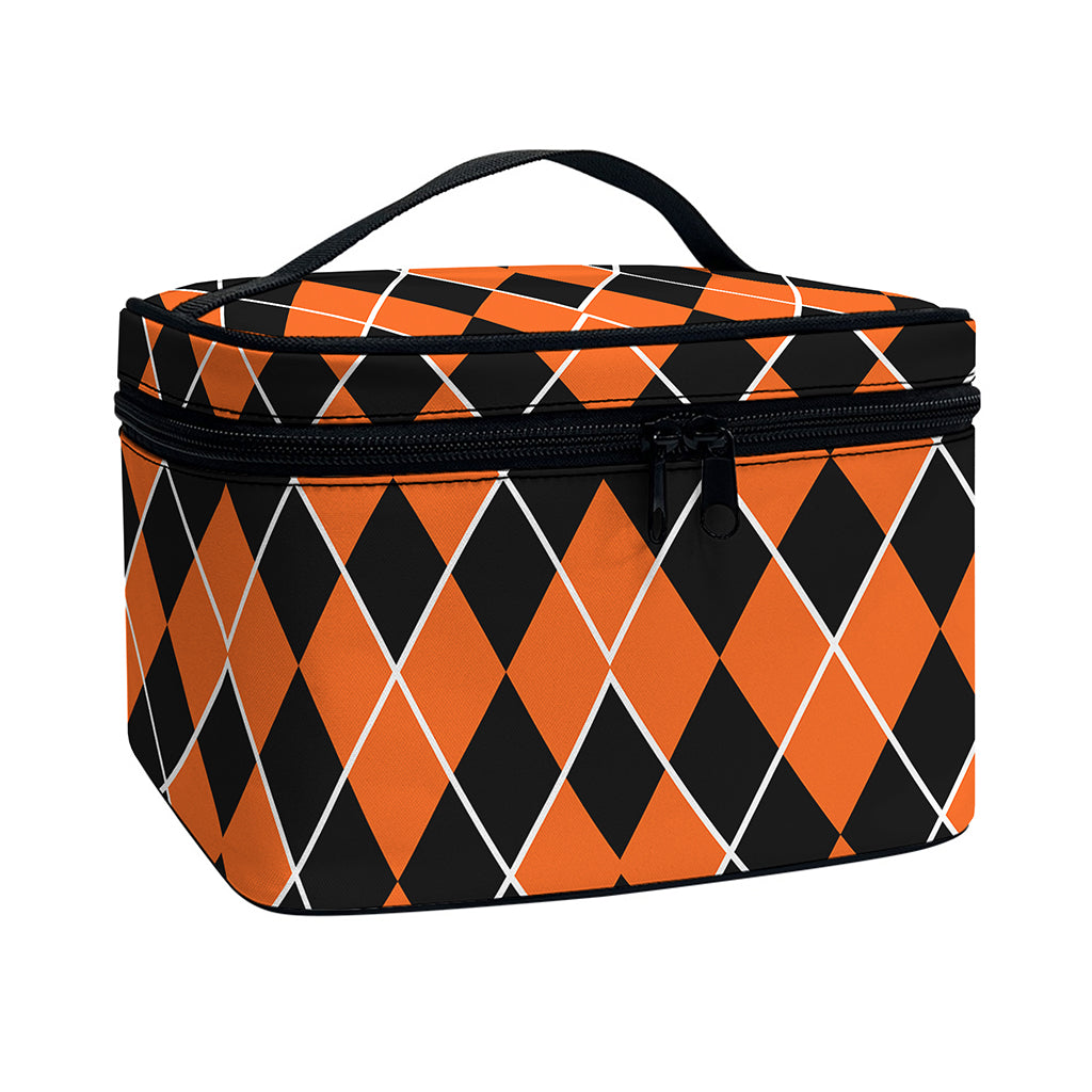 Orange And Black Halloween Argyle Print Travel Makeup Bag