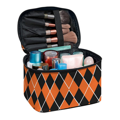 Orange And Black Halloween Argyle Print Travel Makeup Bag