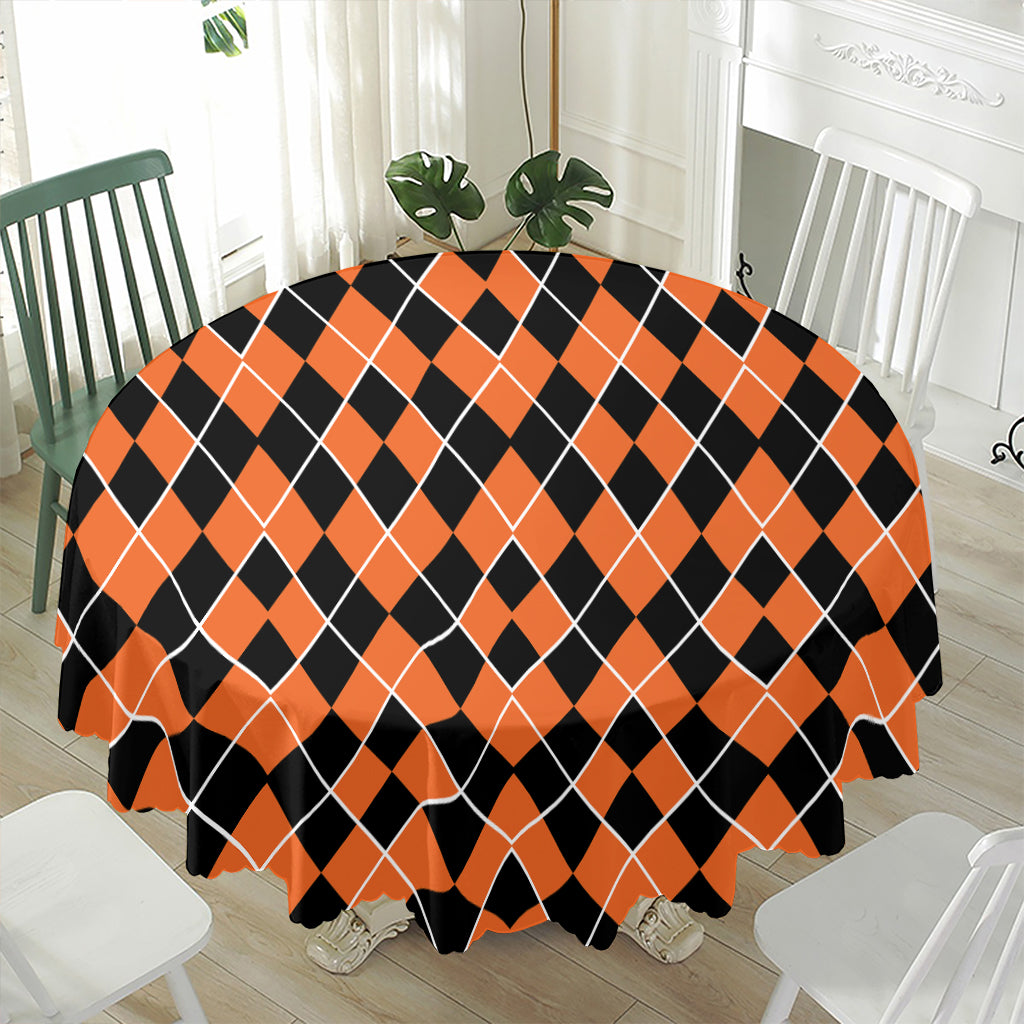 Orange And Black Halloween Argyle Print Waterproof Round Tablecloth