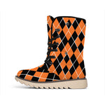 Orange And Black Halloween Argyle Print Winter Boots