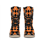 Orange And Black Halloween Argyle Print Winter Boots