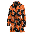 Orange And Black Halloween Argyle Print Women's Bathrobe