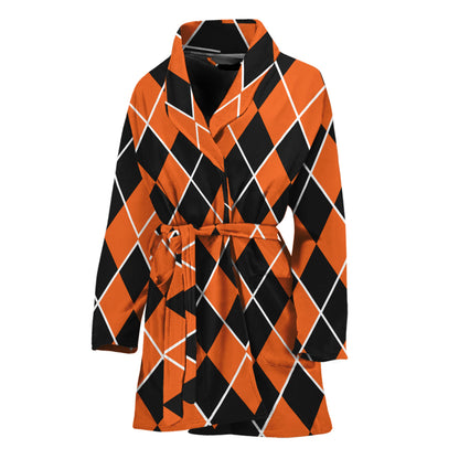 Orange And Black Halloween Argyle Print Women's Bathrobe
