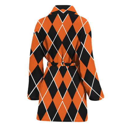 Orange And Black Halloween Argyle Print Women's Bathrobe