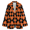 Orange And Black Halloween Argyle Print Women's Blazer