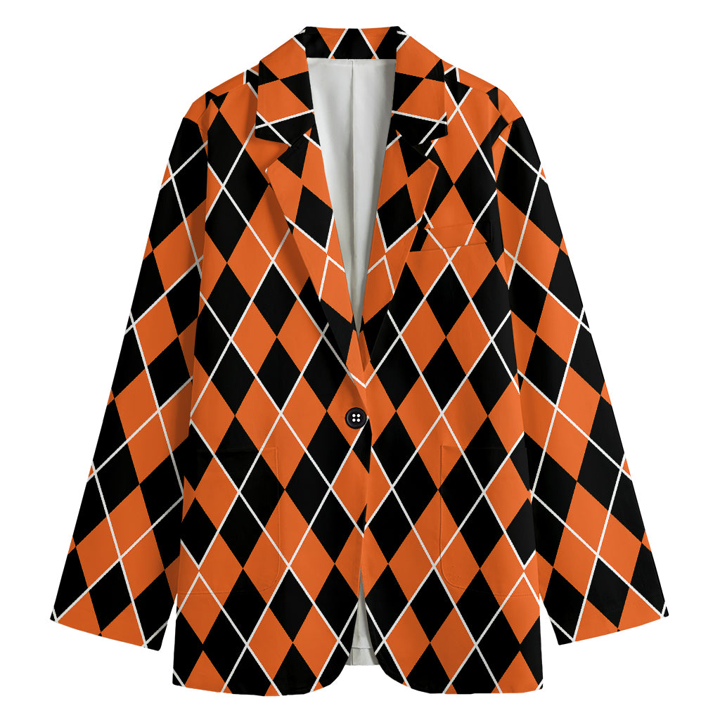 Orange And Black Halloween Argyle Print Women's Blazer