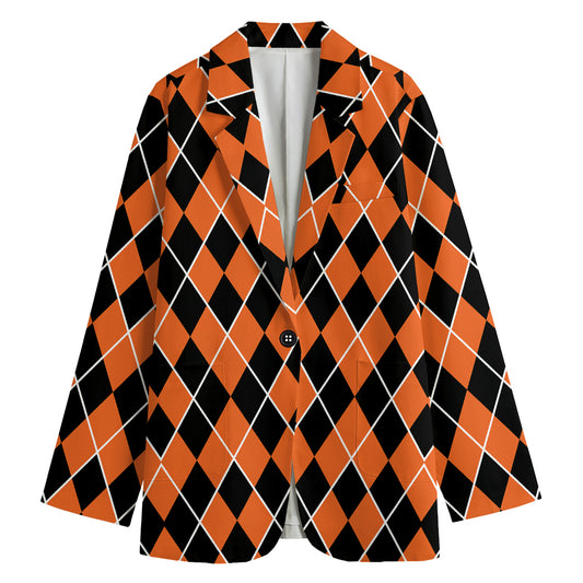Orange And Black Halloween Argyle Print Women's Blazer