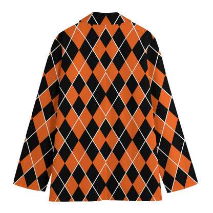 Orange And Black Halloween Argyle Print Women's Blazer