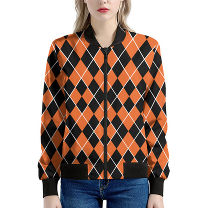 Orange And Black Halloween Argyle Print Women's Bomber Jacket