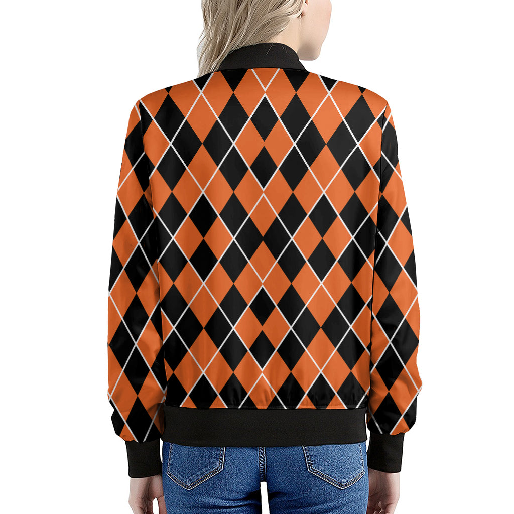 Orange And Black Halloween Argyle Print Women's Bomber Jacket