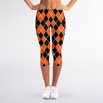 Orange And Black Halloween Argyle Print Women's Capri Leggings