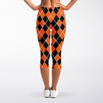 Orange And Black Halloween Argyle Print Women's Capri Leggings
